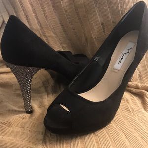 Nina Black Suede Peep-Toe Heels 👠